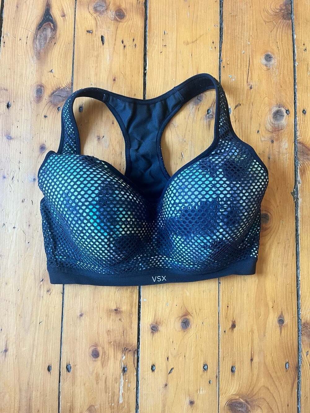 Victoria's Secret Black Sports Bra with Teal Mesh Overlay